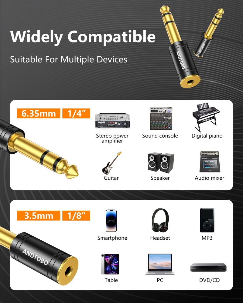 ANDTOBO 1/4 inch Male to 3.5mm Female Stereo Audio Jack Pure Copper Adapter for Headphone, Amp, 2 Pack-Black - Image 3